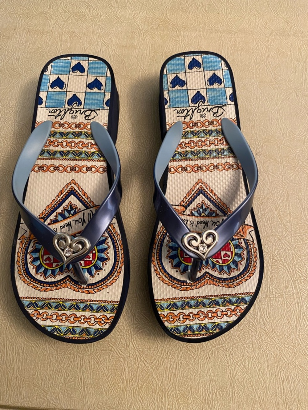 Brighton, Blue Patterned Women's Flip Flops with Heart Accent
With dust bag